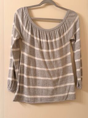 Casual Chaser Gray and White Striped Long Sleeve Top